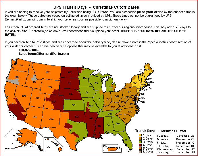 Bernardi Parts 2008 Holiday Shipping Guidelines